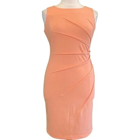 Calvin Klein Sleeveless Round Neck Seamed Sunburst Peach Knit Dress Size 12 - Picture 3 of 7